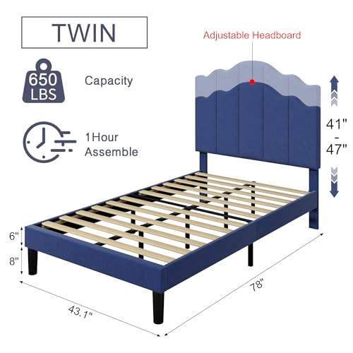 VECELO Twin Size Upholstered Platform Bed Frame with Adjustable Headboard, Wood Slat Support and Noise-Free, No Box Spring Needed, Easy Assembly, Dark&Blue - color: Dark&blue, size: Twin, style: Bed Frame