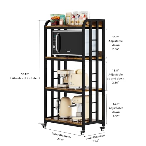 4-Tier Kitchen Baker's Rack with Rolling Wheels, Microwave Oven Cart Stand, Adjustable Utility Shelving Storage Unit, Heavy Duty Organizer Rack for Living Room, Garage, Home and Office(Brown)