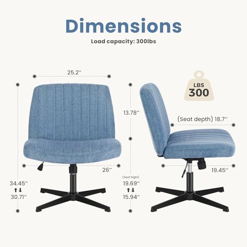 DUMOS Criss Cross Chair, Cross Legged Vanity Chair, Office Desk | Armless Computer Task Seating, Wide Comfy Desk, Comfy Fabric, Swivel Height Adjustable, Bedroom Study, Blue No Wheel - color: Blue No Wheel
