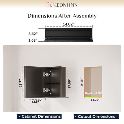 Keonjinn Small Black Medicine Cabinet Mirror 14" x 18", Assembly Needed | Adjustable Shelves, Wall-Mounted or Recessed Bathroom Mirror with Storage, Suitable for Compact Apartment, Beveled Framed - color: Black, size: 15x19 In