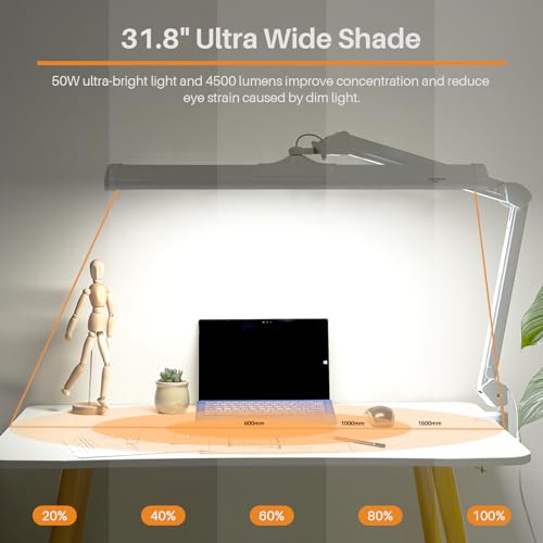 32-Inch LED Architect Desk Lamp with Clamp, 50W 4500LM, White | 342 SMD LEDs with reinforced dual metal arms deliver eye-caring lighting and 5 brightness levels for drafting and reading