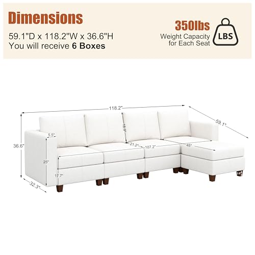 MINCETA Modular Sectional Sofa, Modern Comfy Sofa with Upholstered and Storage Ottoman for Living Room,Bedroom(White, 5 Seat L Shape) - color: White, size: 118.2"W*59.1"D L Shape