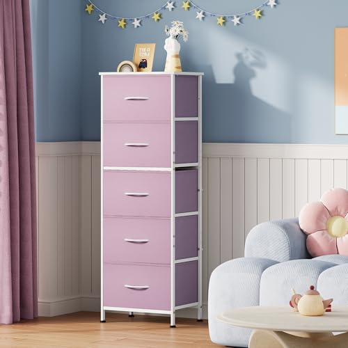 WLIVE Tall Dresser for Bedroom, 5 Drawer Dresser, Pink | 5 vertical fabric drawers, Tall vertical design, Bedroom or closet use, Dresser for small spaces, Chest of drawers - color: Cloudy Pink