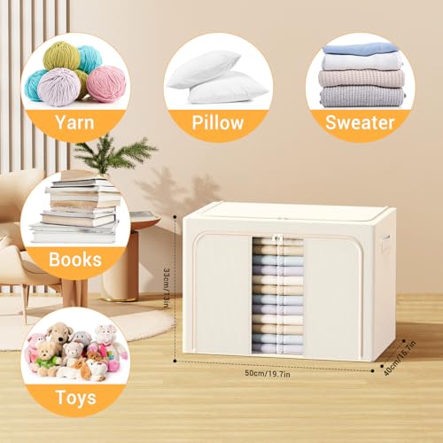 Clothes Storage Bins with Metal Frame, Foldable Clothes Organizers Storage Containers for Clothes, Sheets, Blankets, Pillows and Towels (66L, 3 Pack) Beige - color: Beige, size: 66L(19.7“X15.7"X13")