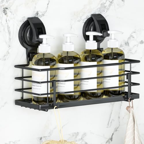TESOT Suction Cup Shower Caddy, Shower Shelf Soap Dish with Hooks for Razor, Sponge, Rust Proof 304 Stainless Steel, Black - color: Black