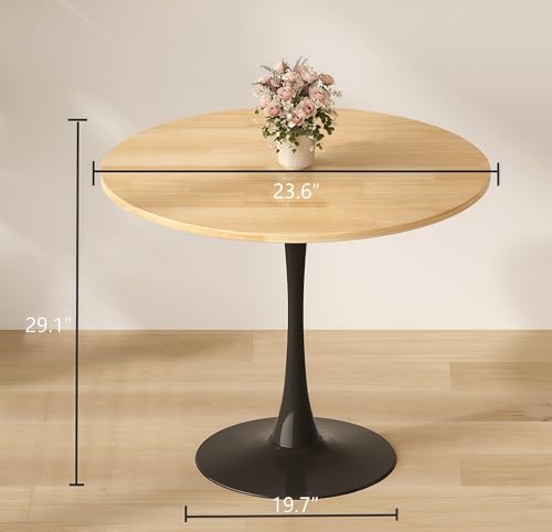24‘’ Round Wood Dining Table Modern Pedestal Table for Small Spaces | Mid Century Coffee Bistro Table with Stable Metal Base for Apartment, Studio, Office, Living Room, Small Kitchen Areas - color: Natural & Black, size: 24 Inch