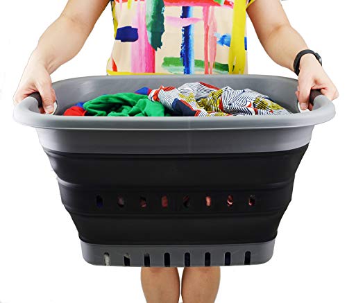 SAMMART 37L (9.77 gallon) Collapsible Plastic Laundry Basket - Foldable Pop Up Storage Container/Organizer - Space Saving Hamper/Basket (1, Grey/Black) - color: Grey/Black