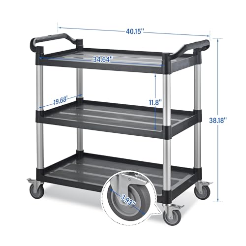Utility Rolling Carts with Wheels, Large Plastic Service Carts, Heavy Duty Restaurant Cart with 4 Brake Lockable Wheels for Kitchen/Office/Warehouse (3 Tier-40.1×19.7×38.1inches/540lbs) - size: 3 Tier - 40.1×19.7×38.1inches / 540lbs