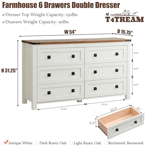T4TREAM 54" Wide Farmhouse 6-Drawer Dresser for Bedroom, Antique White | Rustic, Wood Storage Cabinet, Metal Handle, Unique Corner Accent, Bedroom, Living Room, Hallway - color: Antique White, size: 15.8"D x 54"W x 31.3"H (6 Drawers)