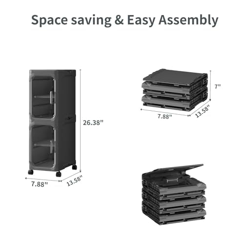 2 Tier Slim Bathroom Storage Cabinet, Foldable and Movable, Black | Tools Free, ABS and PET, Magnetic Clear Door, Adjustable Shelves, Lockable Wheels, Water Resistant, For Narrow Space - color: Black, size: 2 Tiers