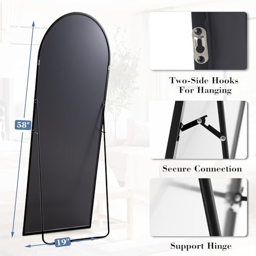 DUMOS 58"x19" Arched Full Length Mirror with Stand, Full Body Floor Mirror | Free Standing or Wall Mount, Hanging or Leaning, Nano Glass Aluminum Frame, Modern Simple Home Decor, Black - color: Black-arched, size: 58"L x 19"W