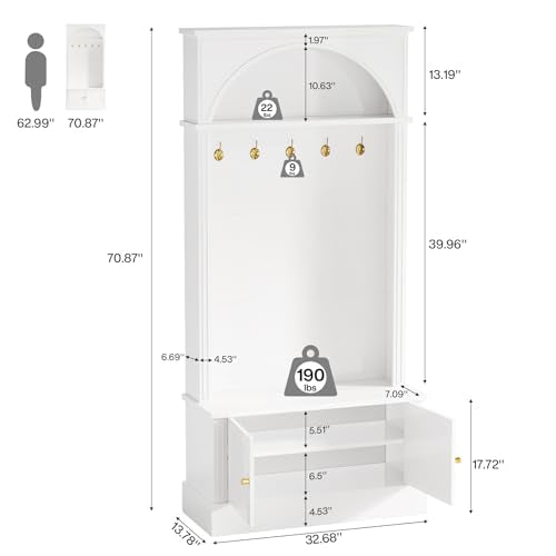 Tribesigns Hall Tree with Bench and Shoe Storage, 4-in-1 Design Entryway Bench with Coat Rack, 70.86" Tall Mudroom Rack with 5 Double Hooks and Adjustable Shelf for Hallway (White) - color: White