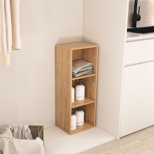 3 Cube Storage Organizer, 3 Tier Cube Shelf, Small Wooden Bookshelf Oak | 31.4 x 11.8 x 9.3'' Wooden Skinny Bookcase for Home Office Bedroom Living Room, Simple Assembly, Anti-Tipping Device - color: Oak, size: 3 Cube