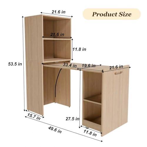 Fold Out Desk with Storage Shelves & Mobile Wheels | Convertible Pull-Out Murphy Desk for Small Spaces | Hidden Writing Computer Desks for Home Office, Apartment & Bedroom - color: Natural Wood