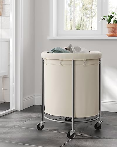 SONGMICS Laundry Basket, Rolling Steel Frame with 2 Locking Wheels, 190 L | Heavy-Duty Laundry Hamper Cart with Removable Bag, White and Metallic Silver, URLS01MZ - color: Cream White + Metallic Silver, size: 190 L (1-Section)