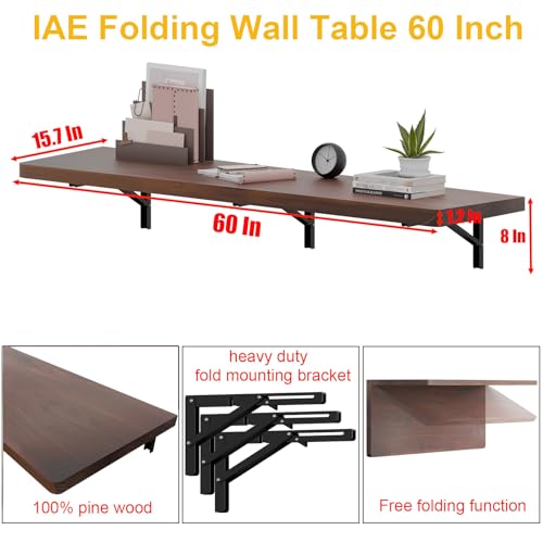 IAE Wall Mounted Folding Table with Pine Wood,60" x 16"Floating Wall Desk | Laundry Folding Table with Shelf Brackets,Fold Down Desk Shelf,Fold Workbench for Apartments,Home,Laundry Room,Kitchen,Brown - color: Brown, size: 60*16* 8 Inch