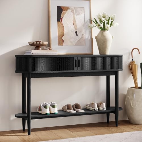 LINSY Fluted Console Table with Storage and Shelves, Black | Entryway Table, Wood Entrance, Behind Couch Sofa Table, Foyer Tables for Hallways, Living Room Boho Furniture, Narrow Long - color: Black