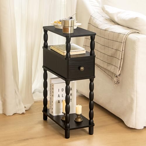 MaxSmeo Black Narrow Side Table, Narrow End Table with Storage, Skinny Small Nightstand with Drawer for Bedroom, Living Room, Small Spaces (Black) - color: Black