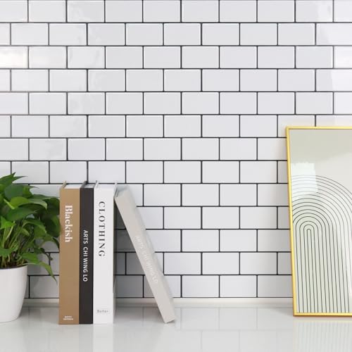 STICKGOO Subway Tile Peel and Stick Backsplash, Thicker Design 12" x 12" Stick on Backsplash Tiles for Kitchen, Bathroom, Wall Tile (10 Sheets, Cold White with Black Grout) - color: Cold White With Black Grout
