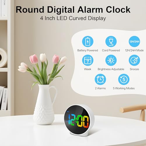 Lafocuse LED Colorful Digital Alarm Clock Battery Operated, Modern Round Digital Clock with 2 Alarms, Snooze, Adjustable Brightness, Curved Screen Design Bedside Alarm Clock for Bedroom Office - color: Multicolor
