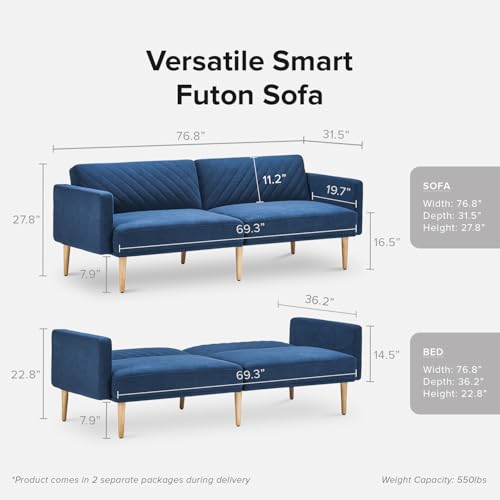 mopio 76.4" Futon Sofa Bed Chevron Styled, Sleeper Couch (Classic Blue Velvet) - color: Classic Blue Velvet