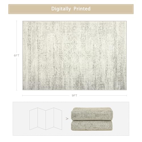 Washable Rugs 6x9 Area Rugs for Living Room,Bedroom,Dining Room-Beige Green | Ultra Soft Faux Wool,Kids&Pet Friendly,Machine Washable,Non-Slip&Non-Shedding,Large Low Pile Vintage Carpets for Home Office - color: Beige-green-grey, size: 6' x 9' (Rectangula