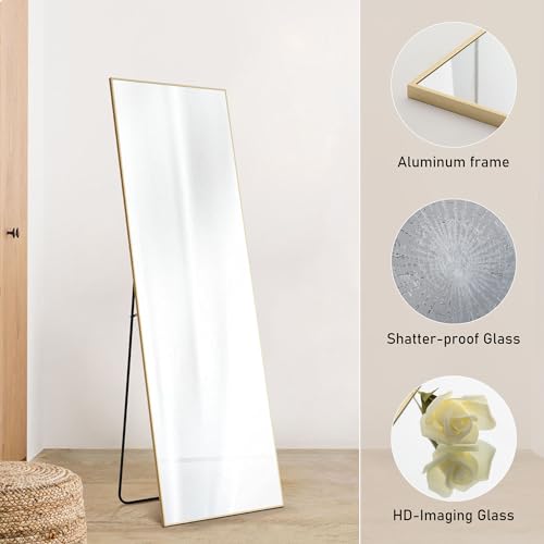 OLIXIS Full Length Mirror, 56"x21" Full Body Mirror | Aluminum Alloy Thin Frame, Stand, Floor Standing, Hanging or Leaning, Living Room, Bedroom, Gold - color: Gold-rectangle, size: 56"L x 21"W