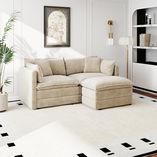 Aoowow Modular Sectional Sofa Modern Convertible Loveseat Couch,77.16 Inch Deep 2-Seater Sofas Comfy Chenille Cloud Sofas and Couches Set with Movable Ottoman for Living Room Apartment(Camel) - color: Camel, size: 2 Seat + Ottoman