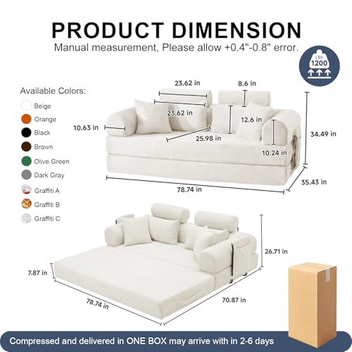 79" Convertible Futon Sofa Bed,High Back Boneless Couch for Living Room | 5-in-1 Corduroy Boneless Loveseat Sleeper, Futon Couch with Ergonomic Support & Side Storage Pocket, No Assembly,Beige - color: Beige, size: 79" High Backrest Sofa