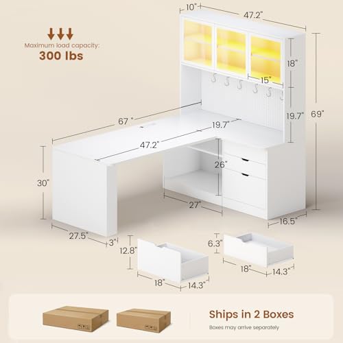 SEDETA L Shaped Corner Gaming Desk with 3 Wood Drawer and Large Bookshelf | L Shaped Computer Desk with LED Light, Display Cabinet and Pegboard for Home Office, 27.5" W Large Desktop Table, White - color: White