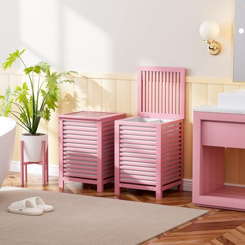 SMIBUY Double Laundry Hamper with Lid, 120L Bamboo Laundry Basket with Removable Liner Bag, 2-Section Clothes Divider Laundry Sorter for Laundry Room, Bathroom, Bedroom (Pink) - color: Pink