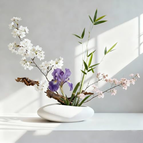 Flower Frog Vase Kit, 2-Inch Brass Florist Frog for Arrangements and Ceramic Water Drop Pot, Elegant Ikebana Flower Holder for Cut Flowers, Floral Decor Kit (White Large Size) - color: White, size: Large Size