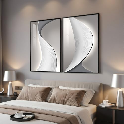 2 Piece Large Framed Modern Wall Art for Living Room, Abstract Minimalist Artwork Prints, Contemporary Silver Gray Wave Line Picture Paintings Decor for Bedroom Dining Room Office 24x36 Inch - color: Silver and Gray, size: 24" W x 36" H x 2Pcs