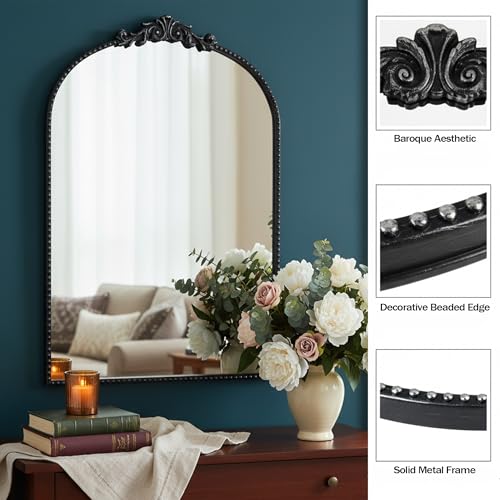 Vintage Baroque Arched Wall Mirror 36"x24", Black Ornate Antique French Traditional Decor Mirror for Entryway Living Room Fireplace (Black Metal,36" x 24") - color: Black Metal, size: 36"L x 24"W