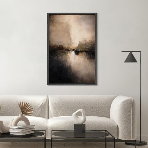 SIGNWIN Framed Canvas Print Wall Art Moody Abstract Lake Landscape Dark Earth Tone Illustrations Modern Art Minimal Multicolor for Living Room, Bedroom, Office - 16"x24" BLACK - color: B07-2603-EDW03, size: 24"L x 16"W