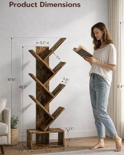 XBurmo 6 Tier Tree Book Shelf - Small Bookshelf Decor, Corner Bookshelf, Living Room Storage, Tall Narrow DVD & CD Shelf Storage Bookshelves, Comic Bookcases Standing for Bedroom or Office