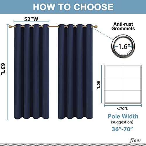Diraysid Navy Blue Grommet Blackout Curtains for Bedroom Thermal Insulated Room Darkening Curtains Drapes, 52 x 63, 2 Panels - color: Navy Blue, size: 52"W x 63"L (Pack of 2)