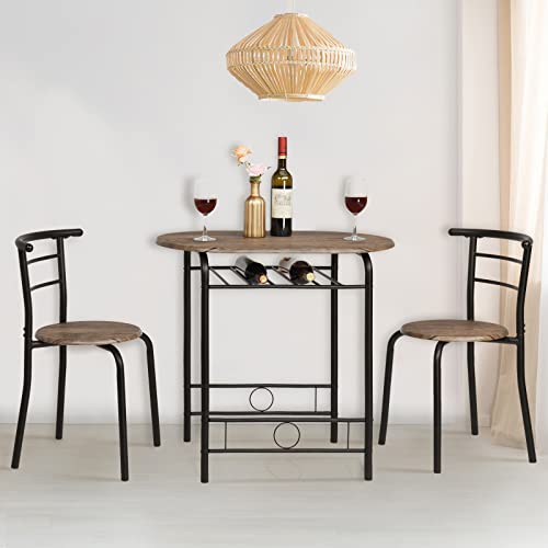 VINGLI 3 Piece Dining Set,Small Kitchen Table Set for 2,Breakfast Table Set for 2,Kitchen Wooden Table and 2 Chairs for Small Space/Dining Room/Apartment,Metal Frame,Wine Rack,Rustic - color: Rustic