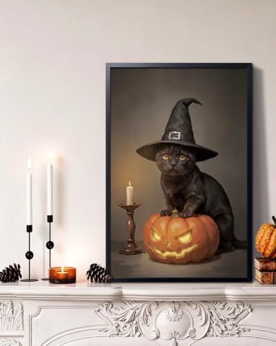 REZFGU Halloween Black Cat Pumpkin Canvas Framed Poster Painting Print Picture, Witch Hat Cat Wall Art, Cute Animal Gothic Fall Wall Decor for Living Room Bedroom Bathroom Home Decor 16x24 Inch - color: A-Black Cat, size: 24"L x 16"W