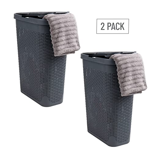 Mind Reader Slim Laundry Hamper with Lid, 40L Clothes Basket, Narrow Tapered Design with Ventilated Cutout Pattern, Plastic, Set of 2, Gray