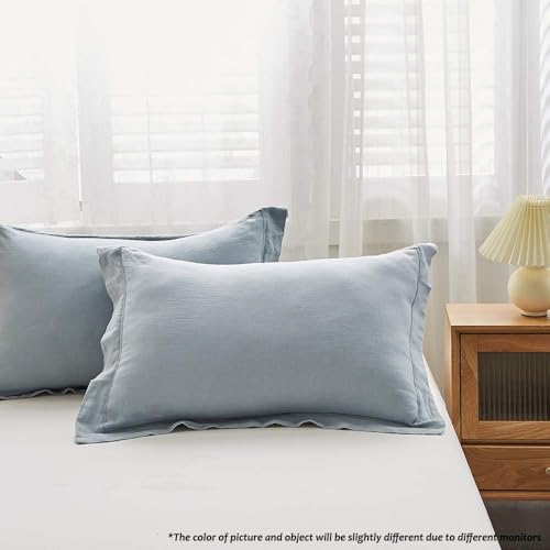 Simple&Opulence 100% Linen Duvet Cover Set with Embroidery Border Washed - 2 Pieces (1 Duvet Cover & 1 Pillow Sham) with Button Closure Soft Breathable Farmhouse - Dusty Blue, Twin Size - color: Dusty Blue, size: Twin
