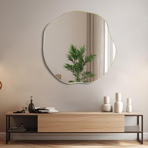 POZINO Irregular Wall Mirror, 35" Scalloped Asymmetrical Art Deco Mirror, Gold Organic Shape Frameless Mirrors for Entryway Living Room Bedroom Hallway, Horizontal or Vertical Hanging - color: Gold, size: 35"L x 35"W