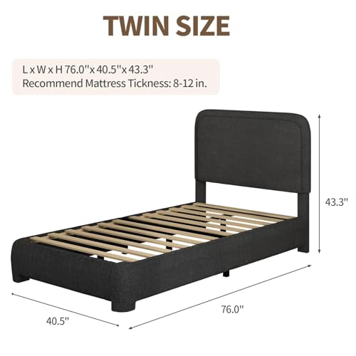BarnFurin Twin Bed Frame, Cloud Boucle Headboard, Rounded Corners, Black | Soft boucle and rounded edges create a low-profile cloud look. Wooden slats support the mattress without a box spring - color: Black, size: Twin