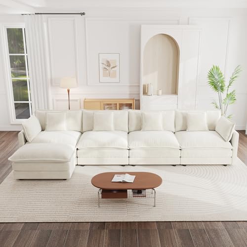 Modular Sectional Sofa, 146.5 Inch L Shaped Couch Set for Living Room, 4-Seater Comfy Cloud Couches with Movable Ottoman, DIY Combination, Chenille, Beige - color: Beige, size: 146.5 Inch- L