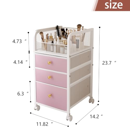 Rolling Makeup Vanity Cart Makeup Organizer with Drawers for Girls | Vanity Cart Bathroom Storage Cart Cosmetic Vanity Display Cases Holder for Nail Polish Brush Hair Tool - color: Pink