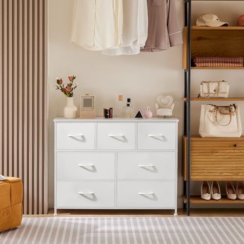 OLIXIS 7 Drawer Dresser for Bedroom, Wide Fabric Storage Tower | with Wooden Top and Metal Frame, Closet Chest Organizer Furniture, TV Stand for Living Room Hallway, White - color: White, size: 11.8"D x 39.4"W x 30"H (7 Drawers)
