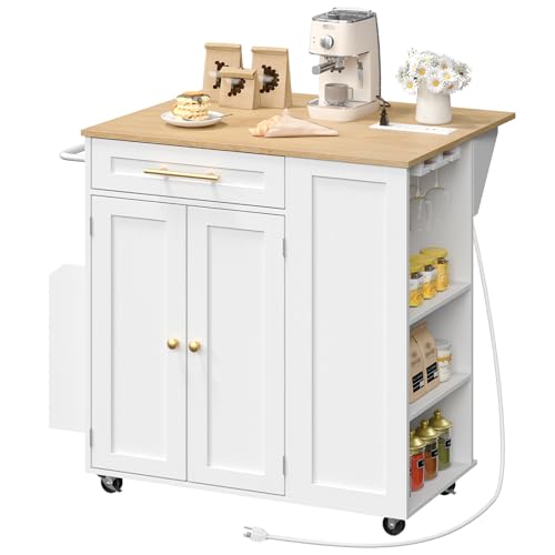 Kitchen Island with Storage, Rolling Kitchen Table with Drop Leaf, Charging Station, 3 Open Adjustable Shelf & Drawer, Towel Rack, Mobile Kitchen Cart for Dining Room, White and Natural - color: White + Natural