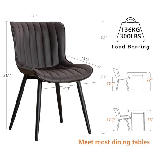 YOUNUOKE Mid-Century Modern Dining Chairs Set of 2, Dark Brown PU Leather | Faux leather upholstery with black metal legs. Fits dining room, kitchen, and guest reception. Easy to clean. Armless design - color: Dark Brown