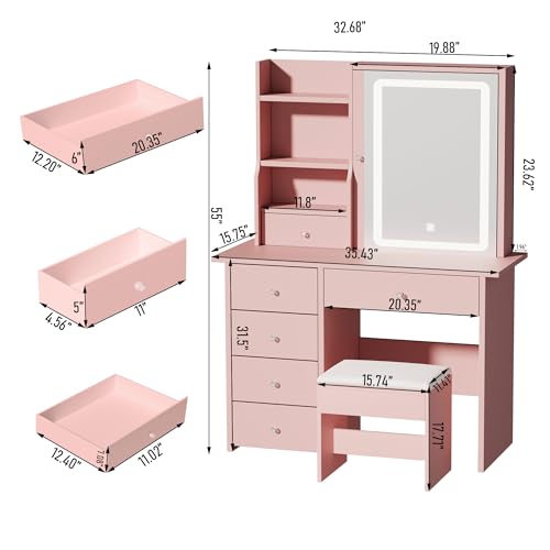 Vanity Desk with Mirror and LED Lights, Makeup Vanity Set with Power Outlet, and Stool,Jewelry Storage,Pink Vanity Desk for Bedroom - style: Pink