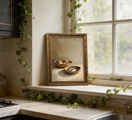 Vintage Gold Framed Still Life Wall Art, Rustic Bread and Fish Painting Canvas Prints, Retro Farmhouse Kitchen Wall Decor, Classic Salted Fish Poster Artwork for Dining Room Kitchen Living Room, 16x24in - color: Bread, size: 24"L x 16"W